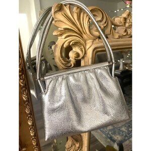 Vintage Silver Leather Handbag With Metal Frame & Double Handles